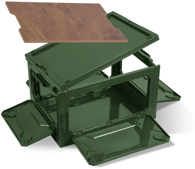 Main image of Fresh Fab Find Folding Storage Bin Camping Collapsible Organizer Box Stackable Grocery Container Shelf Baskets with Cutting Board Top Lid 4 Side Lockable Doors Wheel - Army Green