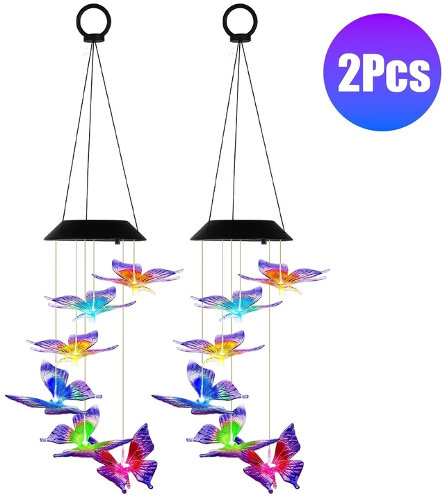 Main image of Fresh Fab Find 2Pack Solar Butterfly Wind Chimes 7 Color Changing Wind Chimes for Outside IPX4 Waterproof Outdoor Garden Yard Decor - Multicolor