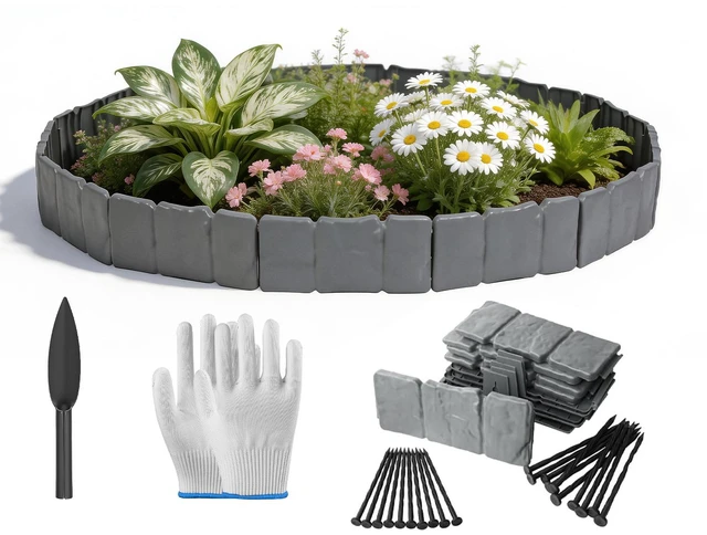 Main image of Fresh Fab Find 16FT Non-Digging Plastic Landscape Edging 20Pcs Faux Cobbled Stone Garden Borders with 20 Spikes Shovel Gloves Flexible Bendable for Flower Beds Pathw - Gray