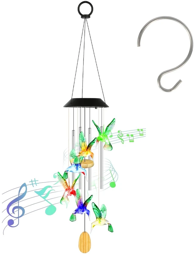 Main image of Fresh Fab Find Solar Hummingbird Wind Chime with Aluminum Tubes 7 Color Changing Wind Chime for Outside IPX4 Waterproof Outdoor Garden Yard Decor - Multicolor
