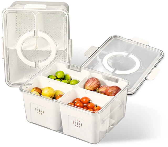 Main image of Fresh Fab Find 2Pack Airtight Fruit Storage Containers 4-Compartment Food Storage Containers Fruit Vegetable Organizers with 8 Removable Colanders for Fridge Picnic - White