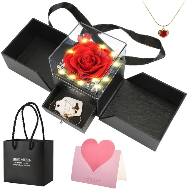 Main image of Fresh Fab Find Preserved Red Rose with Heart Necklace, Gift for Women & Mom
