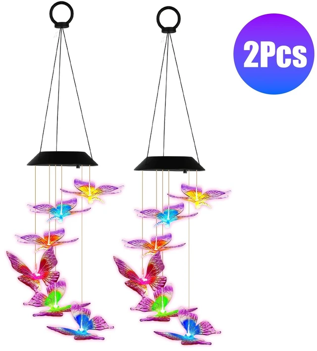 Main image of Fresh Fab Find 2Pack Solar Butterfly Wind Chimes 7 Color Changing Wind Chimes for Outside IPX4 Waterproof Outdoor Garden Yard Decor - Multicolor