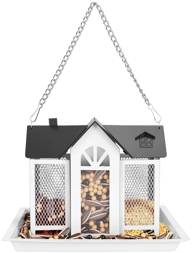 Main image of Fresh Fab Find Metal Hanging Bird Feeder House Classic Barn Bird Feeder House Iron Hanging Outdoor Feeder with Visible Window and Lift Top Lid 15.75in Hanging Length - White
