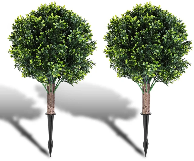 Main image of Fresh Fab Find 2 Packs Faux Boxwood Ball Trees Artificial Peanut Topiary Tree UV Resistant Artificial Shrubs Fake Plants Evergreen Artificial Bush with Ground Spike