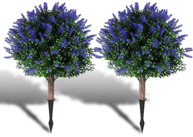 Main image of Fresh Fab Find 2 Packs Artificial Lavender Topiary Ball Trees UV Resistant Artificial Shrubs Fake Plants Evergreen Artificial Bush with Ground Spike for Indoor Outdo