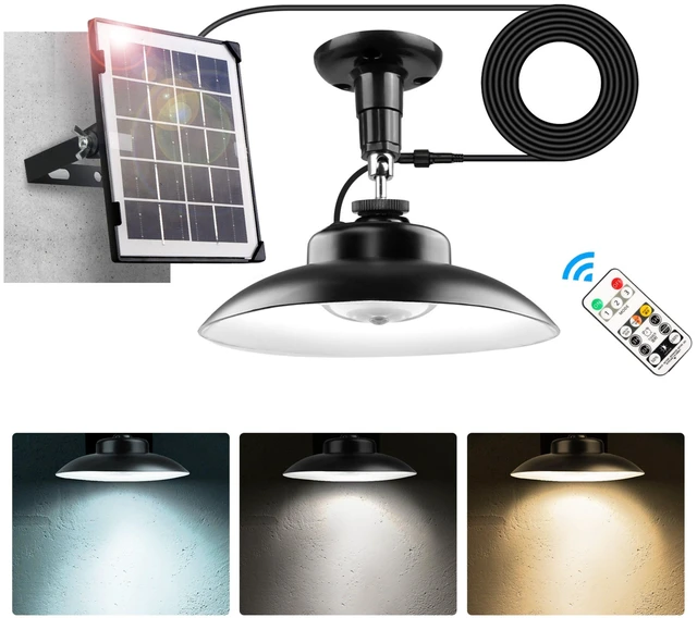 Main image of Fresh Fab Find Solar Shed Light with Separate Panel Wall Mounted Solar Pendant Light Indoor Outdoor with Remote Timer 3 Modes 3 Light Colors IP 55 Waterproof for Gaz - Black