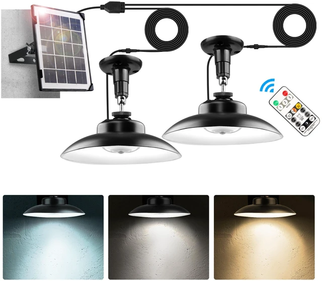 Main image of Fresh Fab Find 2Pack Solar Shed Lights with Separate Panel Wall Mounted Solar Pendant Light Indoor Outdoor with Remote Timer 3 Modes 3 Light Colors IP 55 Waterproof - Black
