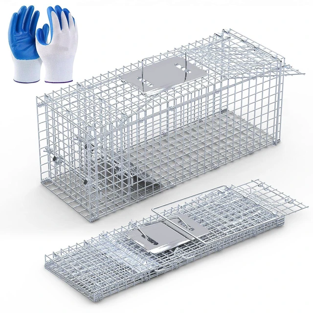 Main image of Fresh Fab Find 25.59Inch Live Humane Animal Trap Cage Heavy Duty Folding Catch And Release Rodent Cage For Rabbit Squirrel Possum Skunk Kitten Raccoon And More - Silver