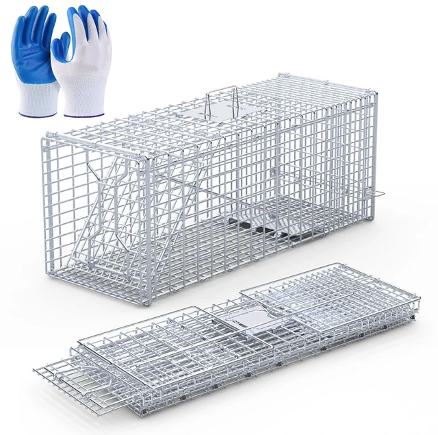 Main image of Fresh Fab Find Live Animal Trap Cage 37x14x15in Folding Catch and Release Humane Cat Trap Galvanized Iron for Raccoons Foxes Coyotes Stray Dogs Armadillos Squirrels - Silver