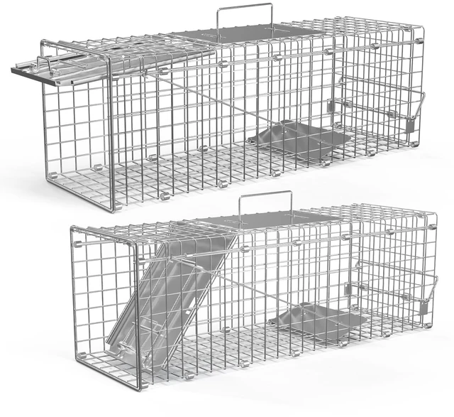 Main image of Fresh Fab Find 2Pcs 24X7.48X8.27IN Folding Humane Live Animal Trap Cages Easy To Catch And Release Foldable Cat Trap Galvanized Steel For Small Cats Squirrels Rabbit - Silver