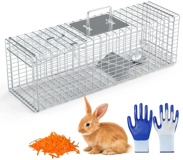 Main image of Fresh Fab Find Live Animal Trap Cage 27x7.5x8in Folding Catch and Release Steel Humane Cat Trap for Racoons Stray Cats Rabbits Beavers Hedgehogs Chipmunk Small Anima - Silver