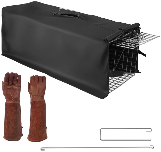Main image of Fresh Fab Find Humane Cat Trap Cage With Waterproof Cover Gloves Catch Release Live Animal Rodent Cage Collapsible Galvanized Wire for Raccoons Beavers Groundhogs Fo - Black
