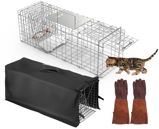 Main image of Fresh Fab Find 31x12x11 Folding Live Animal Trap Cage With Waterproof Cover And Gloves Humane Easy To Catch And Release Trap For Stray Cats Raccoons Squirrel Skunk - Black