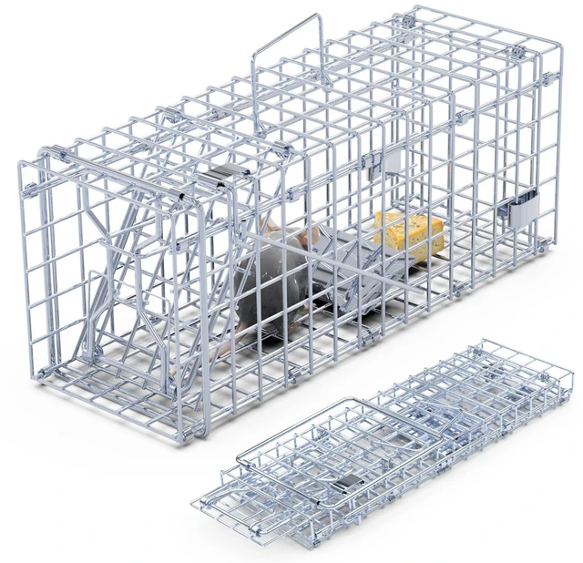 Main image of Fresh Fab Find 2Pcs Foldable Rat Trap Cage Humane Live Rodent Trap Cage Galvanized Iron Mice Mouse Control Bait Catch with Detachable L Shaped Rod For Kitchen Garden - Silver