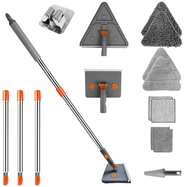 Main image of Fresh Fab Find 2 In 1 Baseboard Cleaner Mop Wall Cleaner Mop With Squeegee Extendable Long Handle 8 Reusable Fiber Flannel Chenille Mop Pads 360° Rotatable Convex De - Gray