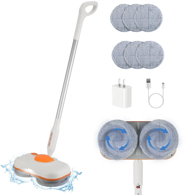 Main image of Fresh Fab Find Dual Motor Cordless Spin Mop Self-Propelled Floor Cleaner with 6 Microfiber Pads 2 Speeds 900ML Water Tank One Click Spraying Headlight for Multiple F - White