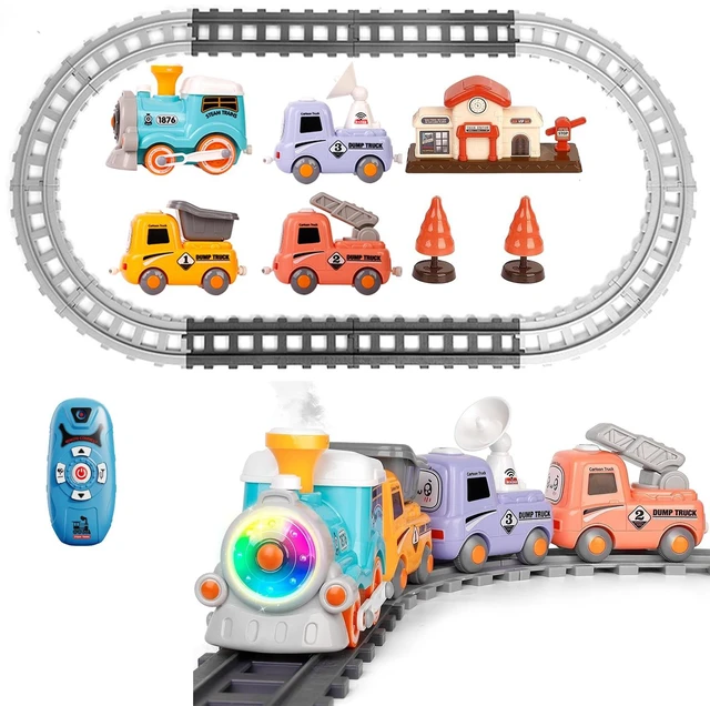 Main image of Fresh Fab Find Electric Train Set with Smokes Light Sound Remote Magnetic Train Toys with Locomotive 3 Trucks Gifts for Kids Aged 3 4 5 6 Year Old - Multicolor