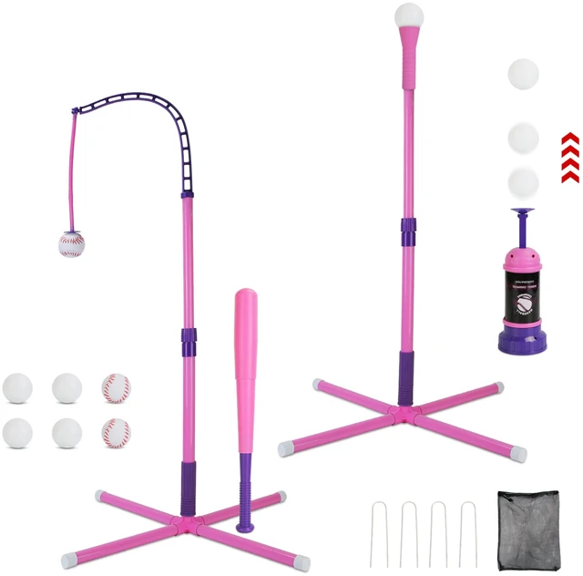 Main image of Fresh Fab Find 3-In-1 Baseball Toy Set For 3-5Years Old Kids And Toddlers Includes Tee Ball Stand Hanging Tee Automatic Ball Launcher with Adjustable Height For Indo - Pink