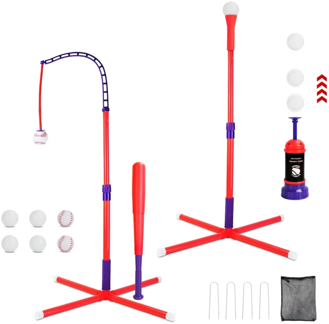 Main image of Fresh Fab Find 3-In-1 Baseball Toy Set For 3-5Years Old Kids And Toddlers Includes Tee Ball Stand Hanging Tee Automatic Ball Launcher with Adjustable Height For Indo - Red