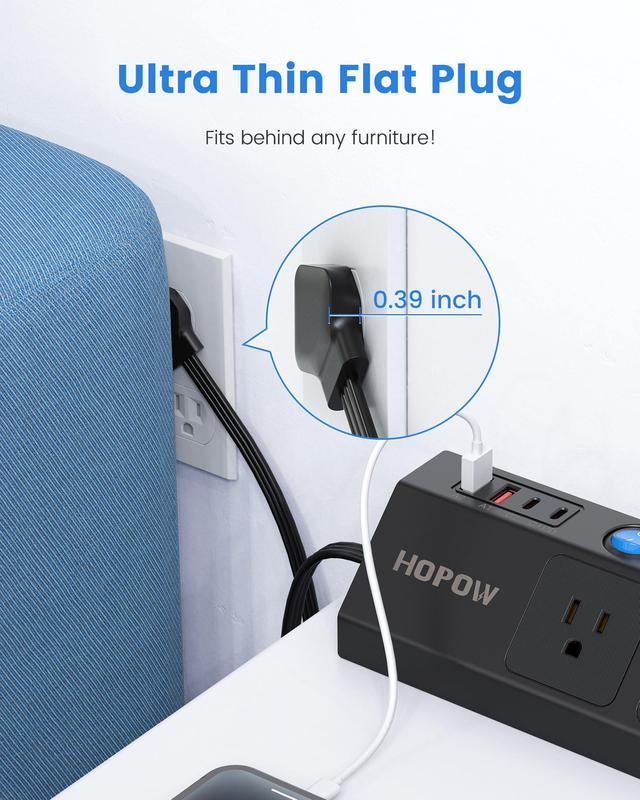 Ultra Thin Flat Plug Power Strip Bar with 3 USB 2 AC Outlet 5 FT