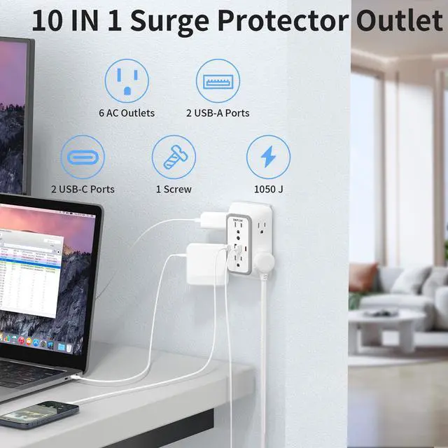 Alt view image 2 of 7 - DEPOW Wall Charger 6 AC Outlet Extender with 4 USB Charging Ports(2 USB C), 3-Sided Power Strip Multi Plug Wall Outlet Splitter Adapter Spaced for Home Office Dorm, White