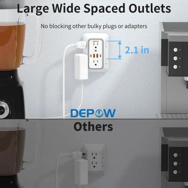 Alt view image 4 of 7 - DEPOW Wall Charger 6 AC Outlet Extender with 4 USB Charging Ports(2 USB C), 3-Sided Power Strip Multi Plug Wall Outlet Splitter Adapter Spaced for Home Office Dorm, White