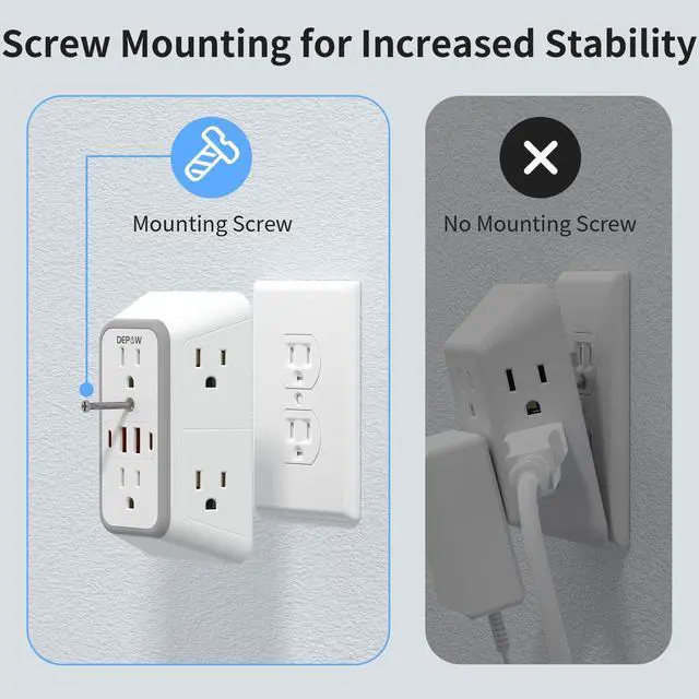 Alt view image 5 of 7 - DEPOW Wall Charger 6 AC Outlet Extender with 4 USB Charging Ports(2 USB C), 3-Sided Power Strip Multi Plug Wall Outlet Splitter Adapter Spaced for Home Office Dorm, White