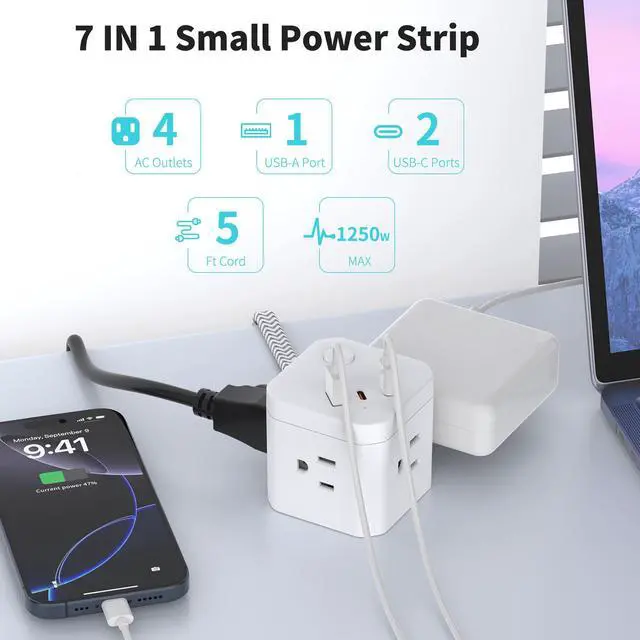Alt view image 2 of 7 - DEPOW Power Strip Cube with USB Ports, Flat Extension Cord with 4 AC Outlets & 3 USB Ports (2 USB C), 5 FT Small Power Strip, 3 Prong Mini Charging Station for Travel Office School Dorm Room, White