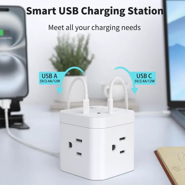 Alt view image 3 of 7 - DEPOW Power Strip Cube with USB Ports, Flat Extension Cord with 4 AC Outlets & 3 USB Ports (2 USB C), 5 FT Small Power Strip, 3 Prong Mini Charging Station for Travel Office School Dorm Room, White