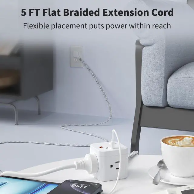 Alt view image 7 of 7 - DEPOW Power Strip Cube with USB Ports, Flat Extension Cord with 4 AC Outlets & 3 USB Ports (2 USB C), 5 FT Small Power Strip, 3 Prong Mini Charging Station for Travel Office School Dorm Room, White