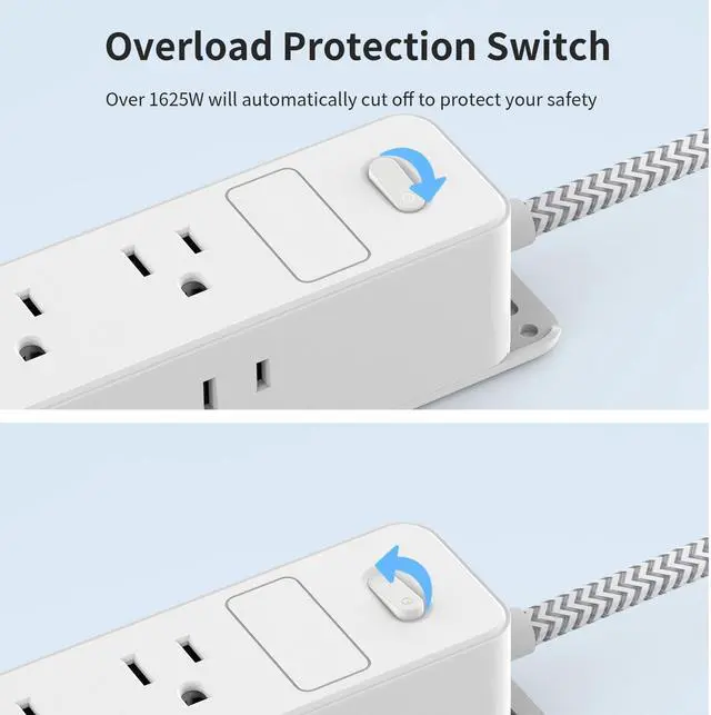 Alt view image 6 of 7 - HOPOW Surge Protector Power Strip, 5ft Braided Flat Plug Extension Cord, 12 AC Outlets, 3-Sided Surround Design, 1700 Joules Surge Protection, Home, Office, Dorm Room Essentials, White