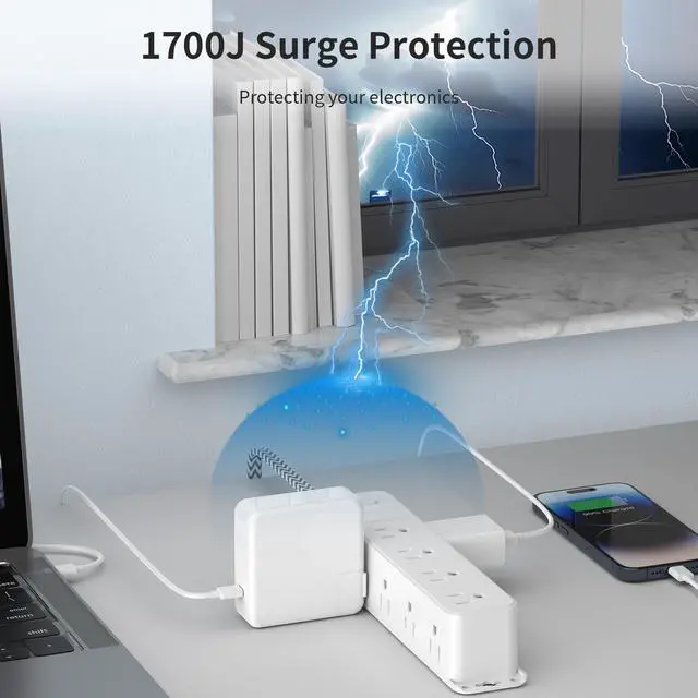 Alt view image 5 of 7 - HOPOW Surge Protector Power Strip, 5ft Braided Flat Plug Extension Cord, 12 AC Outlets, 3-Sided Surround Design, 1700 Joules Surge Protection, Home, Office, Dorm Room Essentials, White
