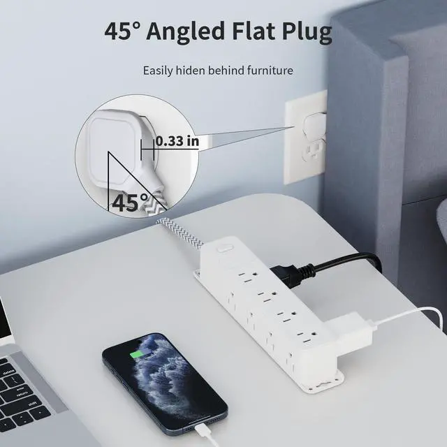 Alt view image 3 of 7 - HOPOW Surge Protector Power Strip, 5ft Braided Flat Plug Extension Cord, 12 AC Outlets, 3-Sided Surround Design, 1700 Joules Surge Protection, Home, Office, Dorm Room Essentials, White