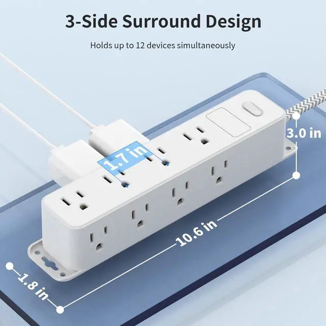 Alt view image 7 of 7 - HOPOW Surge Protector Power Strip, 5ft Braided Flat Plug Extension Cord, 12 AC Outlets, 3-Sided Surround Design, 1700 Joules Surge Protection, Home, Office, Dorm Room Essentials, White