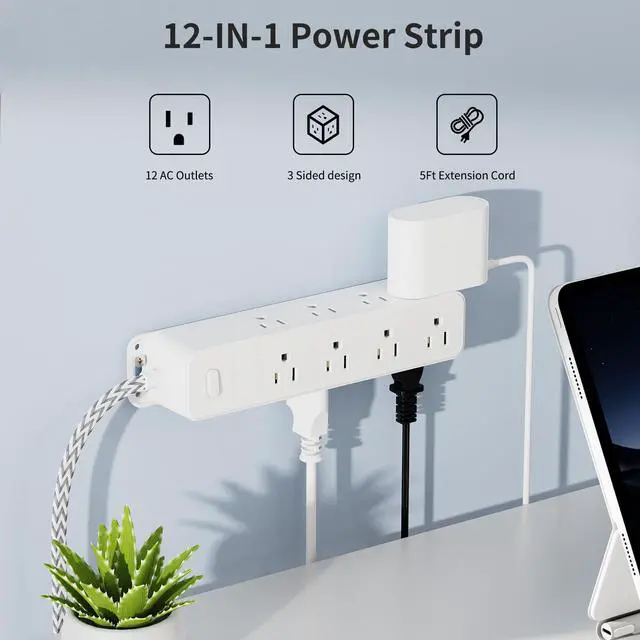 Alt view image 2 of 7 - HOPOW Surge Protector Power Strip, 5ft Braided Flat Plug Extension Cord, 12 AC Outlets, 3-Sided Surround Design, 1700 Joules Surge Protection, Home, Office, Dorm Room Essentials, White