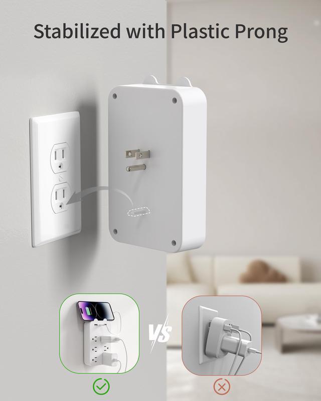 Alt view image 3 of 7 - DEPOW Multi Plug Wall Outlet, Outlet Extender with 6 Outlets 3 USB (1 USB C) Ports, Outlet Splitter with Phone Holder, Wall Mount Electrical Adapter for Home, School, Office, White