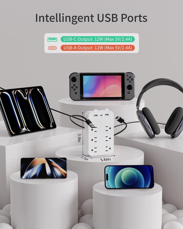 Alt view image 4 of 7 - DEPOW Multi Plug Wall Outlet, Outlet Extender with 6 Outlets 3 USB (1 USB C) Ports, Outlet Splitter with Phone Holder, Wall Mount Electrical Adapter for Home, School, Office, White