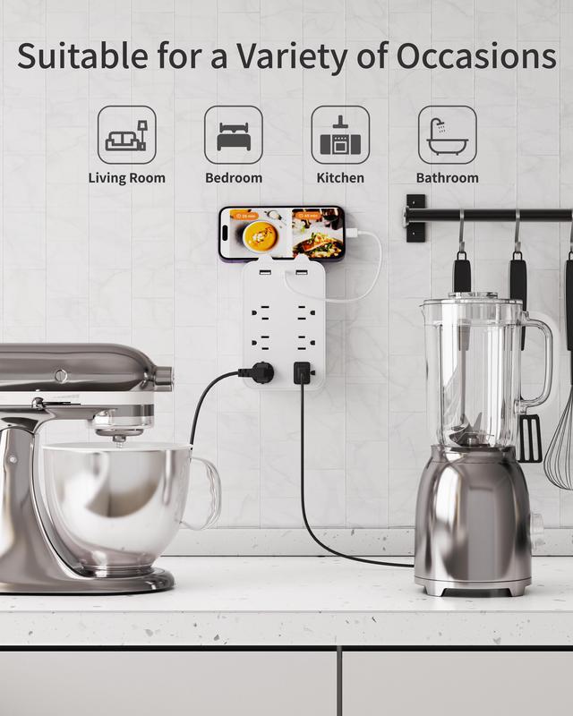 Alt view image 6 of 7 - DEPOW Multi Plug Wall Outlet, Outlet Extender with 6 Outlets 3 USB (1 USB C) Ports, Outlet Splitter with Phone Holder, Wall Mount Electrical Adapter for Home, School, Office, White