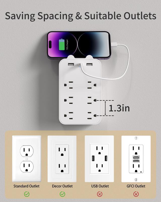 Alt view image 5 of 7 - DEPOW Multi Plug Wall Outlet, Outlet Extender with 6 Outlets 3 USB (1 USB C) Ports, Outlet Splitter with Phone Holder, Wall Mount Electrical Adapter for Home, School, Office, White