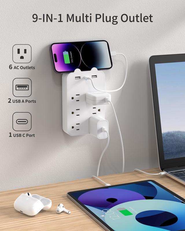 Alt view image 2 of 7 - DEPOW Multi Plug Wall Outlet, Outlet Extender with 6 Outlets 3 USB (1 USB C) Ports, Outlet Splitter with Phone Holder, Wall Mount Electrical Adapter for Home, School, Office, White