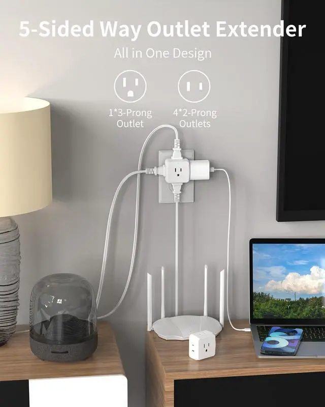 Alt view image 2 of 7 - DEPOW Multi Plug Wall Outlet 2 Pack, 5 Outlets Plug Adapter,Outlet Splitter Cruise Ship Essentials, Wall Outlet Extender for Travel, Home, Office, Dorm, Cruise Ship, White