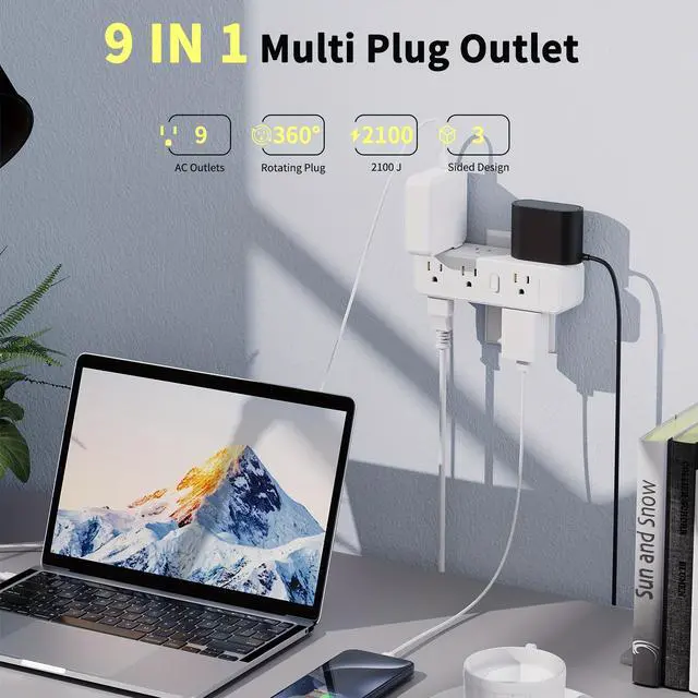Alt view image 2 of 7 - HOPOW Surge Protector Outlet Splitter with 360° Rotating Plug, Multi Plug Wall Outlet Extender with 9 Outlets 4 USB Ports (2 USB-C), 2100 Joules, 3-Sided Power Strip for Home, Office, Travel, White