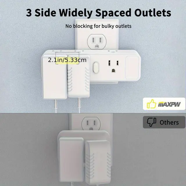 Alt view image 6 of 7 - HOPOW Surge Protector Outlet Splitter with 360° Rotating Plug, Multi Plug Wall Outlet Extender with 9 Outlets 4 USB Ports (2 USB-C), 2100 Joules, 3-Sided Power Strip for Home, Office, Travel, White