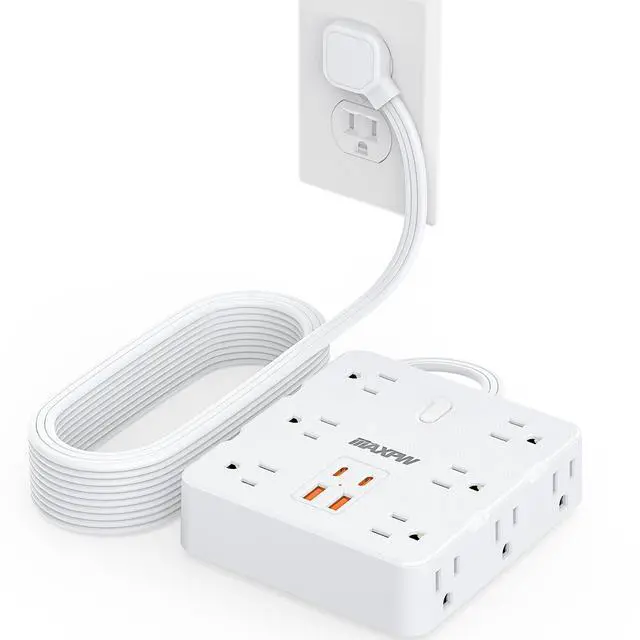 Main image of HOPOW Power Strip Surge Protector -10 ft Flat Plug Extension Cord with 12 Outlets & 4 USB Ports (2 USB C), 1700 Joules, Wall Mount, Desk Charging Station for Home Office Dorm, White