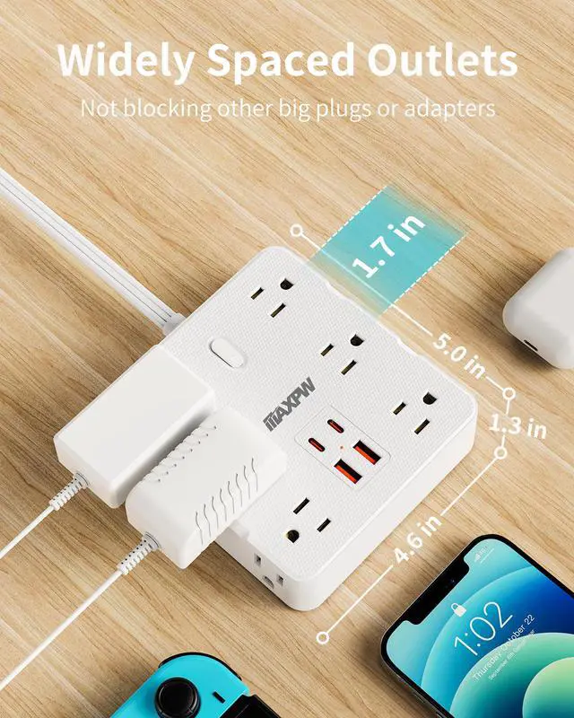 Alt view image 5 of 7 - HOPOW Power Strip Surge Protector -10 ft Flat Plug Extension Cord with 12 Outlets & 4 USB Ports (2 USB C), 1700 Joules, Wall Mount, Desk Charging Station for Home Office Dorm, White