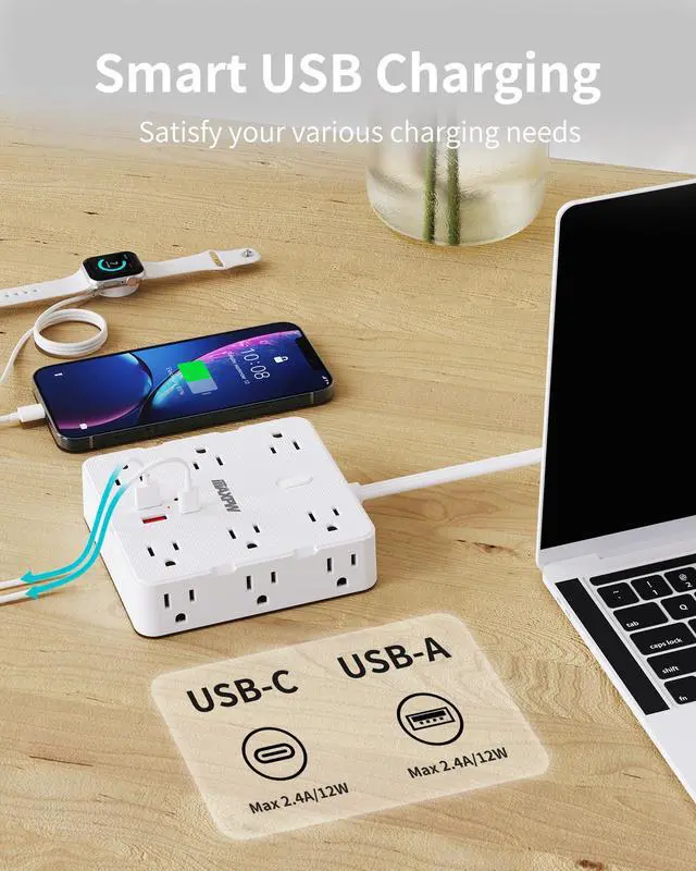 Alt view image 4 of 7 - HOPOW Power Strip Surge Protector -10 ft Flat Plug Extension Cord with 12 Outlets & 4 USB Ports (2 USB C), 1700 Joules, Wall Mount, Desk Charging Station for Home Office Dorm, White