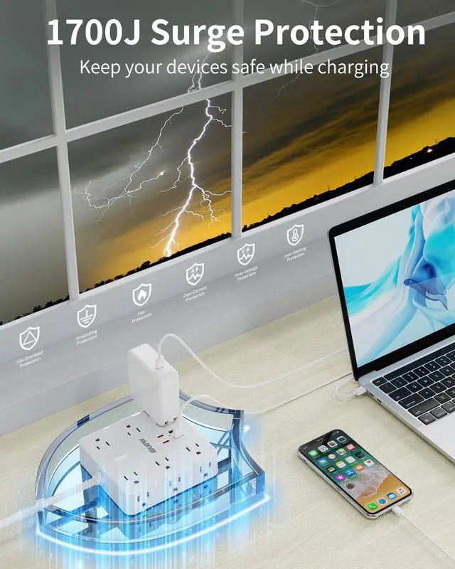Alt view image 3 of 7 - HOPOW Power Strip Surge Protector -10 ft Flat Plug Extension Cord with 12 Outlets & 4 USB Ports (2 USB C), 1700 Joules, Wall Mount, Desk Charging Station for Home Office Dorm, White