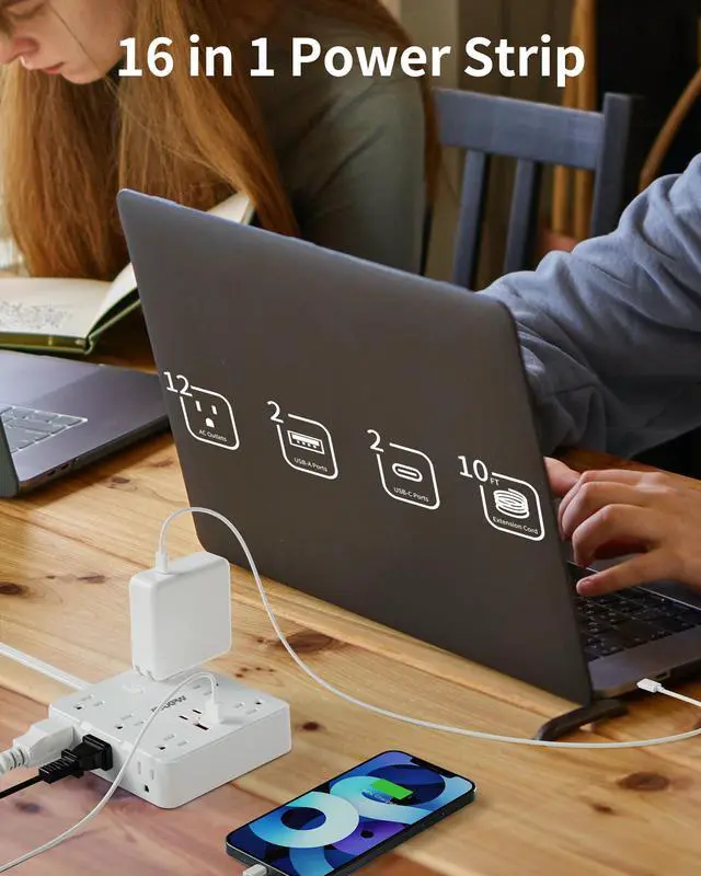 Alt view image 2 of 7 - HOPOW Power Strip Surge Protector -10 ft Flat Plug Extension Cord with 12 Outlets & 4 USB Ports (2 USB C), 1700 Joules, Wall Mount, Desk Charging Station for Home Office Dorm, White