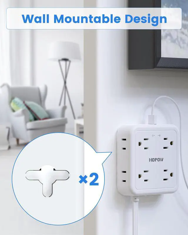 Alt view image 6 of 6 - HOPOW Flat Plug Power Strip, 5 Ft Ultra Thin Flat Extension Cord with 8 Outlets 4 USB Ports (1 USB C), 1440 J Surge Protector, Wall Mount for Office Home, White